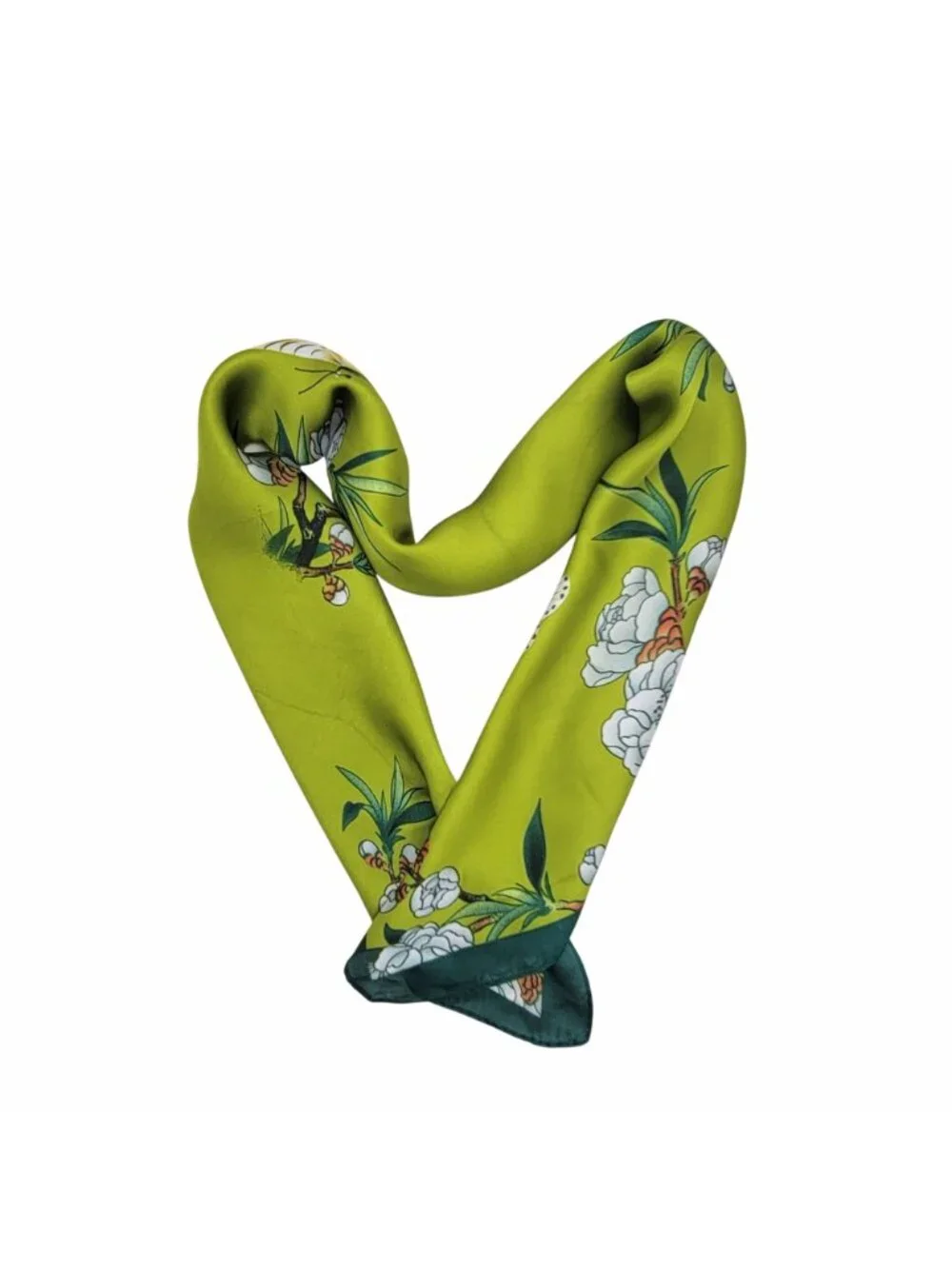✨Chic Silky Square Scarf Bright Green Butterfly White Floral Print Head Bandana✨